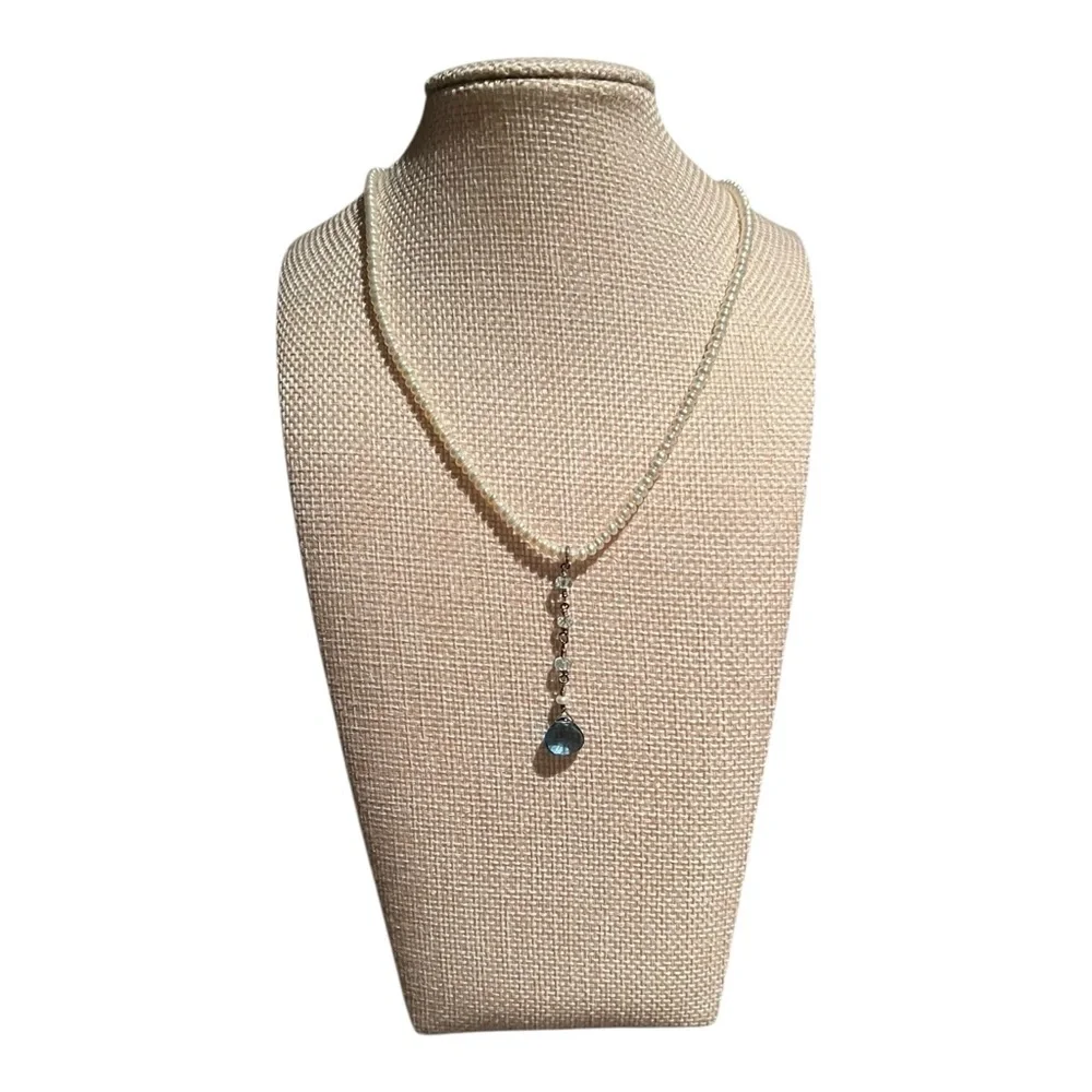 Elegant Pearl and Blue Crystal Necklace - 16”